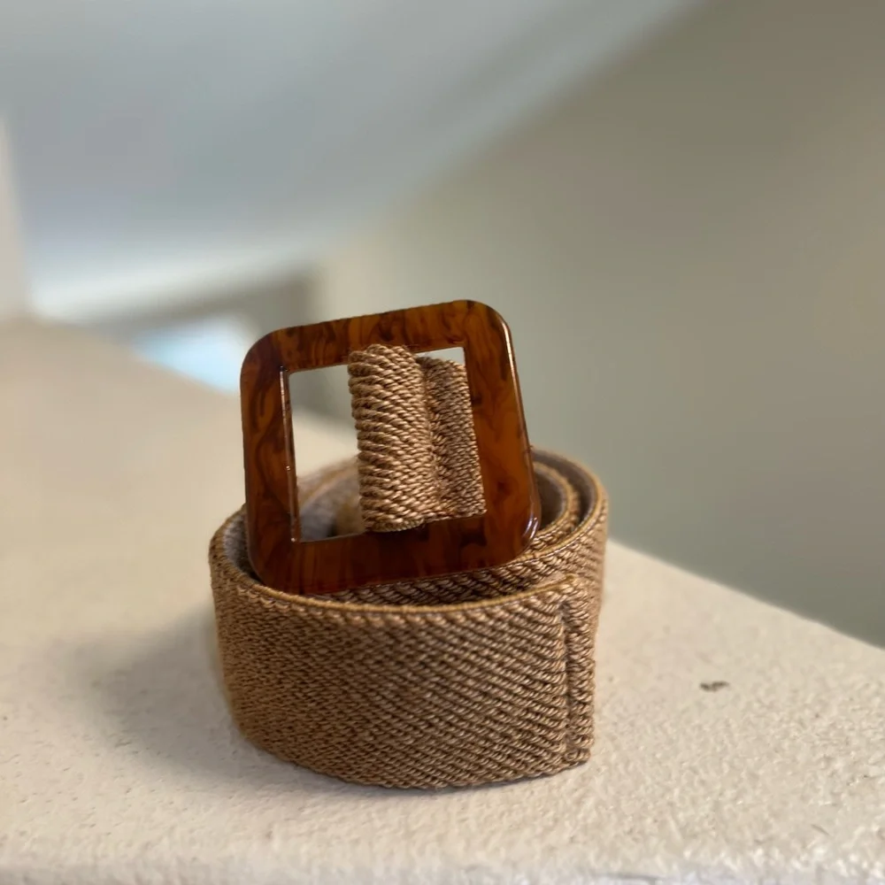 Women square RESIN BUCKLE STRAW stretch wide waist brown belt medium‎ boho l